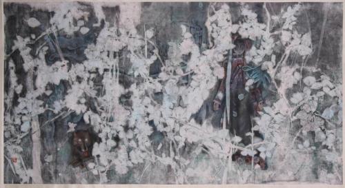 Girl and Wolf in Woods